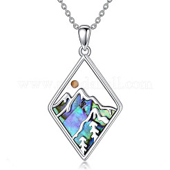 304 Stainless Steel Pave Natural Paua Shell & Mustard Seeds Rhombus with Mountain Faith Pendant Necklaces&nbsp;FS-WG4919D-01