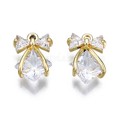 Brass Inlaid Clear Cubic Zirconia Pendants, Cadmium Free & Nickel Free & Lead Free, Bowknot, Golden, 15x10x4mm, Hole: 1.2mm