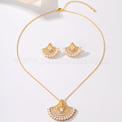 Brass Micro Pave Clear Cubic Zirconia Fan Pendant Necklaces & Stud Earrings Sets for Women&nbsp;SJ9834