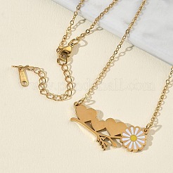 304 Stainless Steel Enamel White Daisy Flower and Heart Pendant Cable Chain Necklaces for Women&nbsp;NJEW-K309-01G