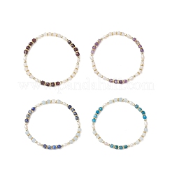 Natural Gemstone & Cultured Freshwater Pearl Cube & Rice Beaded Stretch Bracelets for Women&nbsp;BJEW-JB13390