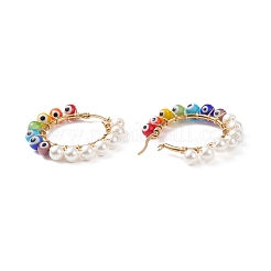 Shell Pearl & Evil Eye Lampwork Beaded Hoop Earrings&nbsp;EJEW-TA00115