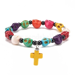 Natural Mashan Jade Skull Beaded Stretch Bracelet with Synthetic Turquoise(Dyed) Cross Charm&nbsp;BJEW-JB08372