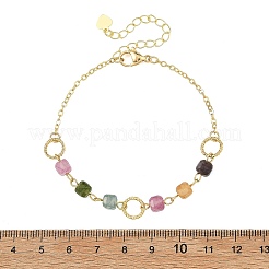 Natural Multicolor Tourmaline Faceted Cube Beaded Brass Chain Bracelets for Women&nbsp;BJEW-JB14334-01