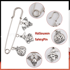 8Pcs 8 Style Halloween Pumpkin & Skull & Witch & Cat Zinc Alloy Charms Safety Pin Brooches Set&nbsp;JEWB-FH0001-30