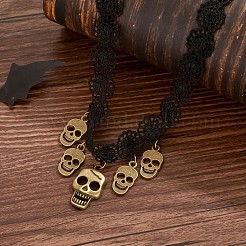 Halloween Gothic Alloy Skull Tassel Black Polyester Flower Lace Choker Necklaces for Women&nbsp;FS-WGBADFE-01