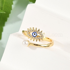 Evil Eye Brass Micro Pave Clear Cubic Zirconia Open Cuff Rings for Women. with ABS Plastic Imitation Pearl and Enamel&nbsp;RJEW-G343-20G