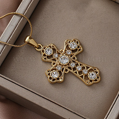 304 Stainless Steel with Clear Glass Hollow Cross Pendant Necklaces for Women Men&nbsp;FR7878