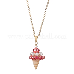 4Pcs 4 Colors Natural Spiral Shell & Electroplated Glass Faceted Rondelle Beaded Ice Cream Pendant Brass Cable Chain Necklaces&nbsp;NJEW-TA00213