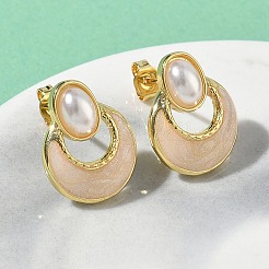 Oval with Flat Round Brass Enamel Stud Earrings&nbsp;EJEW-P341-02G-04