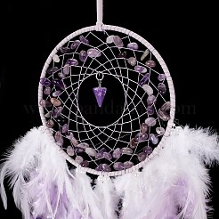 Iron Wire Woven Web/Net with Feather Pendant Decorations&nbsp;AJEW-B017-33