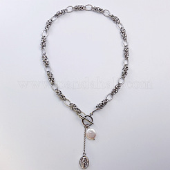 Stainless Steel Oval Virgin Mary & Flat Round Baroque Natural Freshwater Pearl Pendant Necklaces&nbsp;FS-WG7A760-01