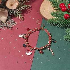 Christmas Candy Cane & Reindeer & Moon Alloy Charm Bracelet with Glass Beads&nbsp;BJEW-TA00090-02
