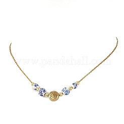 Floral Printed Round Handmade Porcelain & Brass Tree of Life Graduated Beaded Necklaces&nbsp;NJEW-JN06437