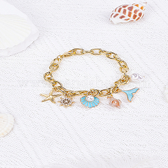 Summer Beach Starfish & Shell Shaped Alloy Enamel & ABS Plastic Imitation Pearl Charm Bracelets&nbsp;BJEW-LP00001