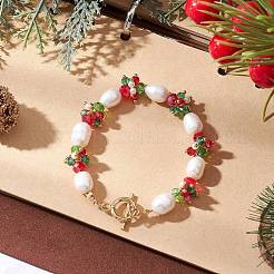 Christams Glass & Shell Pearl & Pearl & Brass Beaded Bracelets for Women&nbsp;BJEW-TA00688