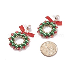 Glass Pearl Braided Christmas Wreath Dangle Stud Earrings&nbsp;EJEW-TA00082