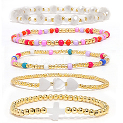 Natural Shell Cross Heart & Glass & Brass Beaded Stretch Bracelet Sets&nbsp;XW5962