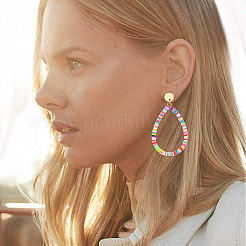 Textured Teardrop Alloy Polymer Clay Disc Beads Dangle Stud Earrings&nbsp;FS-WG78925-01