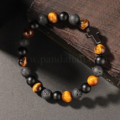 Natural Tiger Eye & Lava Rock & Black Stone Round Beads Stretch Bracelets&nbsp;LL8667