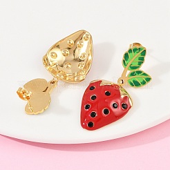 304 Stainless Steel Enamel Strawberry Dangle Stud Earrings&nbsp;EJEW-A138-10G-01