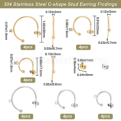 24Pcs 6 Style 304 Stainless Steel C-shape Stud Earring Findings&nbsp;FIND-BBC0001-53