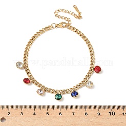 304 Stainless Steel Rhinestone Flat Round Charm Bracelets&nbsp;BJEW-V011-01G-05