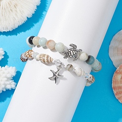 2Pcs 2 Style Natural Amazonite & Glass & Shell Stretch Bracelets with Tortoise&nbsp;BJEW-JB10091-01