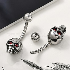 Skull 316 Surgical Stainless Steel Red Cubic Zirconia Belly Button Rings&nbsp;EJEW-G416-34AS