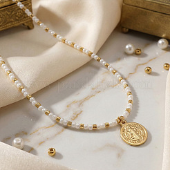 304 Stainless Steel Saint Benedict Medal Pendant Glass and Brass Beaded Short Necklaces for Women Daily Wear&nbsp;LS-AB8901