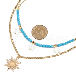 Natural Freshwater Shell & Alloy Glass Sun Pendant Synthetic Turquoise Round Beaded & 304 Stainless Steel Chain Double Layered Necklaces for Women&nbsp;NJEW-JN05469-02