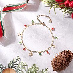 Christmas Brass Pave Clear Cubic Zirconia Snowflake & 304 Stainless Steel Star and Round Glass Tassel Brass Paperclip Chain Anklets&nbsp;AJEW-AN00753
