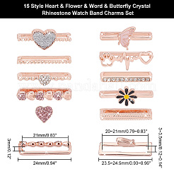 15Pcs 15 Style Heart & Flower & Word & Butterfly Crystal Rhinestone Watch Band Charms Set&nbsp;FIND-PH0007-69