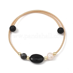 Round & Oval Natural Black Tourmaline & Larvikite & Lava Rock & Cultured Freshwater Pearl & Non-magnetic Synthetic Hematite Beaded Bangles&nbsp;BJEW-JB14079