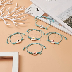 Natural Cowrie Shell with Evil Eye Braided Bead Bracelet with Nylon & Cotton Cord for Women&nbsp;BJEW-JB09140