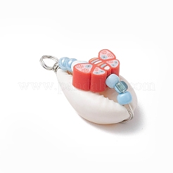 Natural Cowrie Shell & Handmade Polymer Clay Copper Wire Wrapped Pendants&nbsp;PALLOY-JF03818-02