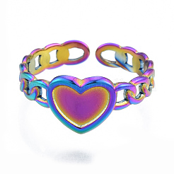 Ion Plating(IP) 304 Stainless Steel Heart with Chain Cuff Rings&nbsp;RJEW-N038-127M