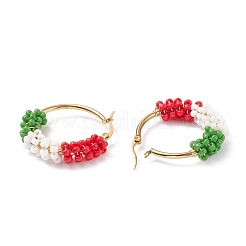 Christmas Theme Glass Seed Braided Hoop Earrings&nbsp;EJEW-TA00106