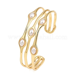 22MM Brass & ABS Plastic Pearl 3 Line Cuff Bangles for Women&nbsp;BJEW-L707-01G
