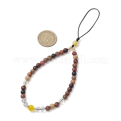 Synthetic Quartz Crystal & Wood Round Beaded Phone Hand Strap Chains&nbsp;HJEW-JM03364-02