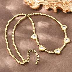Brass Pave Clear Cubic Zirconia Heart Round Beaded Bib Necklaces for Women&nbsp;NJEW-F364-05G