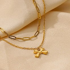 304 Stainless Steel Bowknot Pendant Necklaces&nbsp;LS-NJEW-L182-001G-02