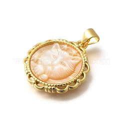 Brass Pave Natural Yellow Shell Carved Cat Pendants&nbsp;KK-Z091-08G-01