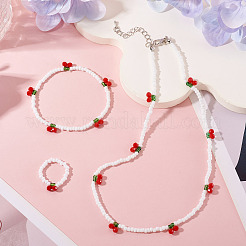 Cherry Glass Seed Beaded Necklaces & Bracelet & Finger Ring Sets for Women&nbsp;SJEW-TA0001-08