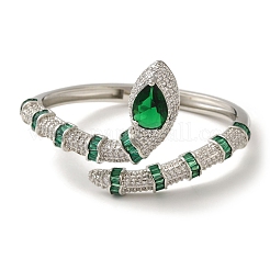 Brass Pave Green & Clear Cubic Zirconia Snake Open Cuff Bangle for Women&nbsp;BJEW-K246-10P