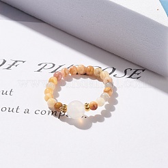 Natural Mixed Stone Round Beaded Stretch Ring with Moonstone&nbsp;RJEW-JR00440