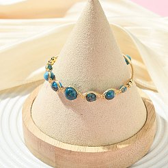 Herringbone Wire-Wrapped Natural Apatite Brass Cuff Bangles&nbsp;BJEW-JB14039-01
