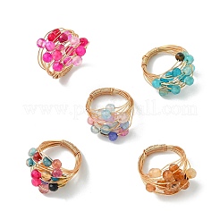 5Pcs Copper Wire Wrapped Dyed & Heated Natural Agate Round Bead Finger Rings&nbsp;RJEW-JR01034
