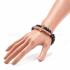 2Pcs 2 Style Synthetic Hematite & Black Stone & Natural Obsidian Stretch Bracelets Set with Cubic Zirconia Skull&nbsp;BJEW-JB08120-04