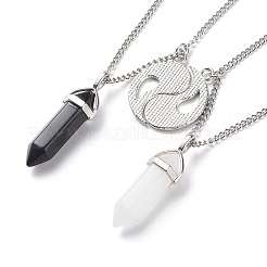 2Pcs 2 Style Natural White Jade & Black Obsidian Bullet Pendant Necklaces Set&nbsp;NJEW-JN03994-03